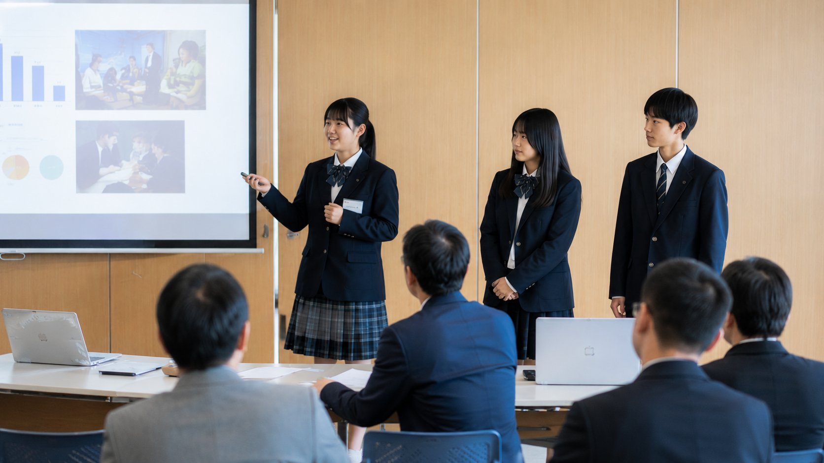 生徒が企業に発表している様子