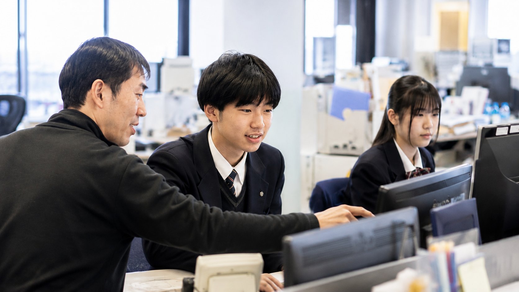 職場体験で社員と一緒に作業している生徒